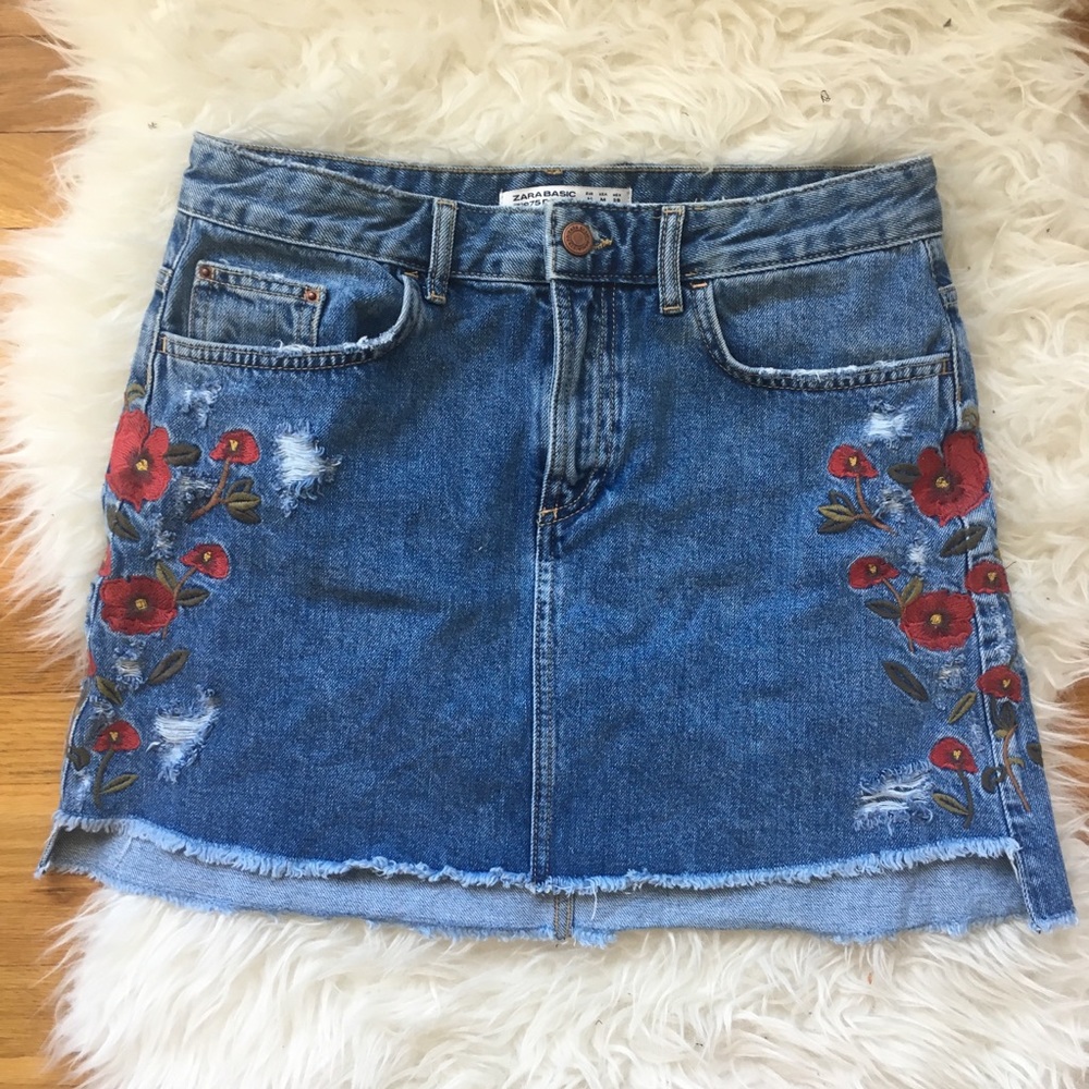 Zara denim skirt with floral embroidery